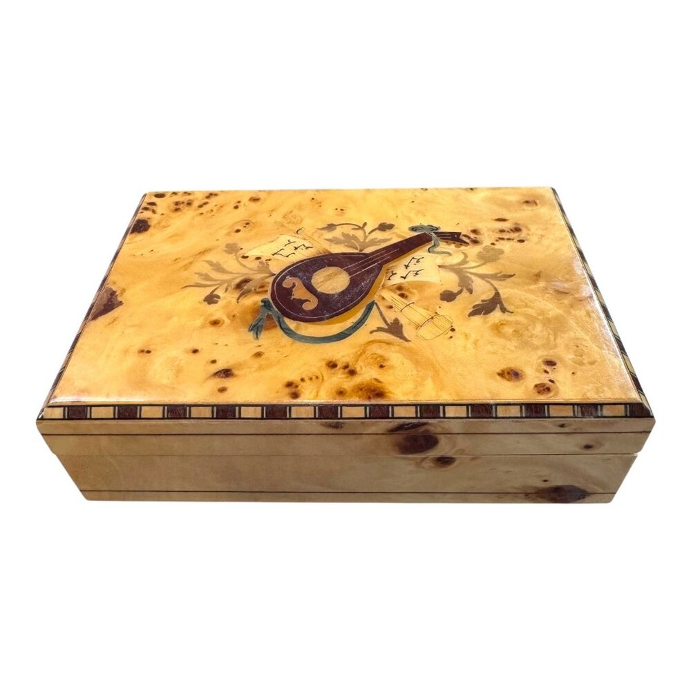 Vtg Italy Inlaid Music Box Swiss Thorens Movement Jaccard Mandolin Notes Burl